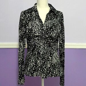 Nicole Miller Black Spotted Surplice Long Sleeve Fitted Elegant Career Top L